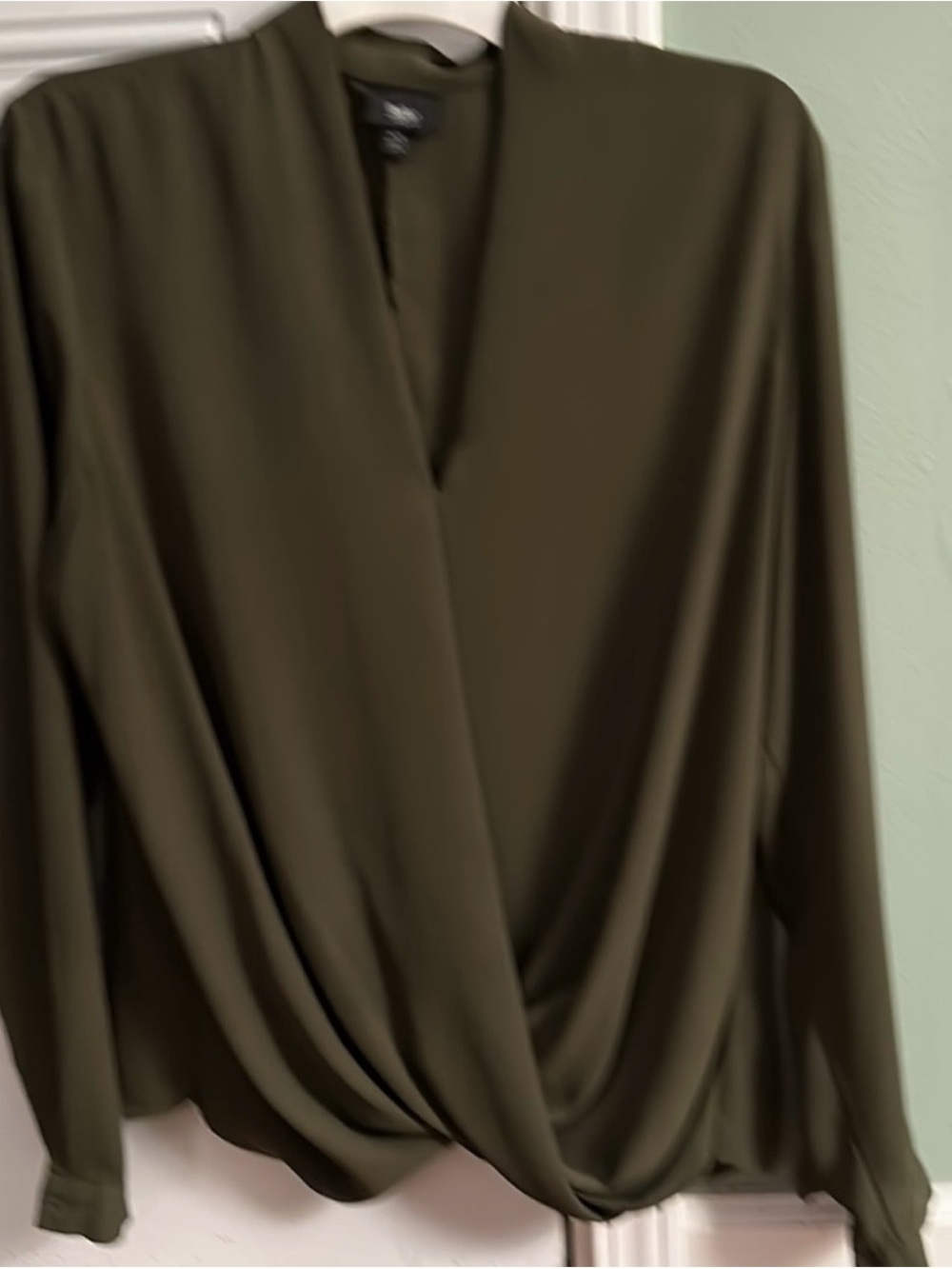 White House Black Market Olive Draped Surplice Blouse